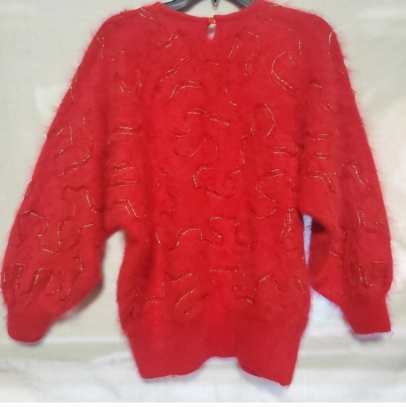 Vintage Gee Gee 80s LG Red Angora Lavish Sweater Pullover Ribbon Beaded W19 - Picture 11 of 15